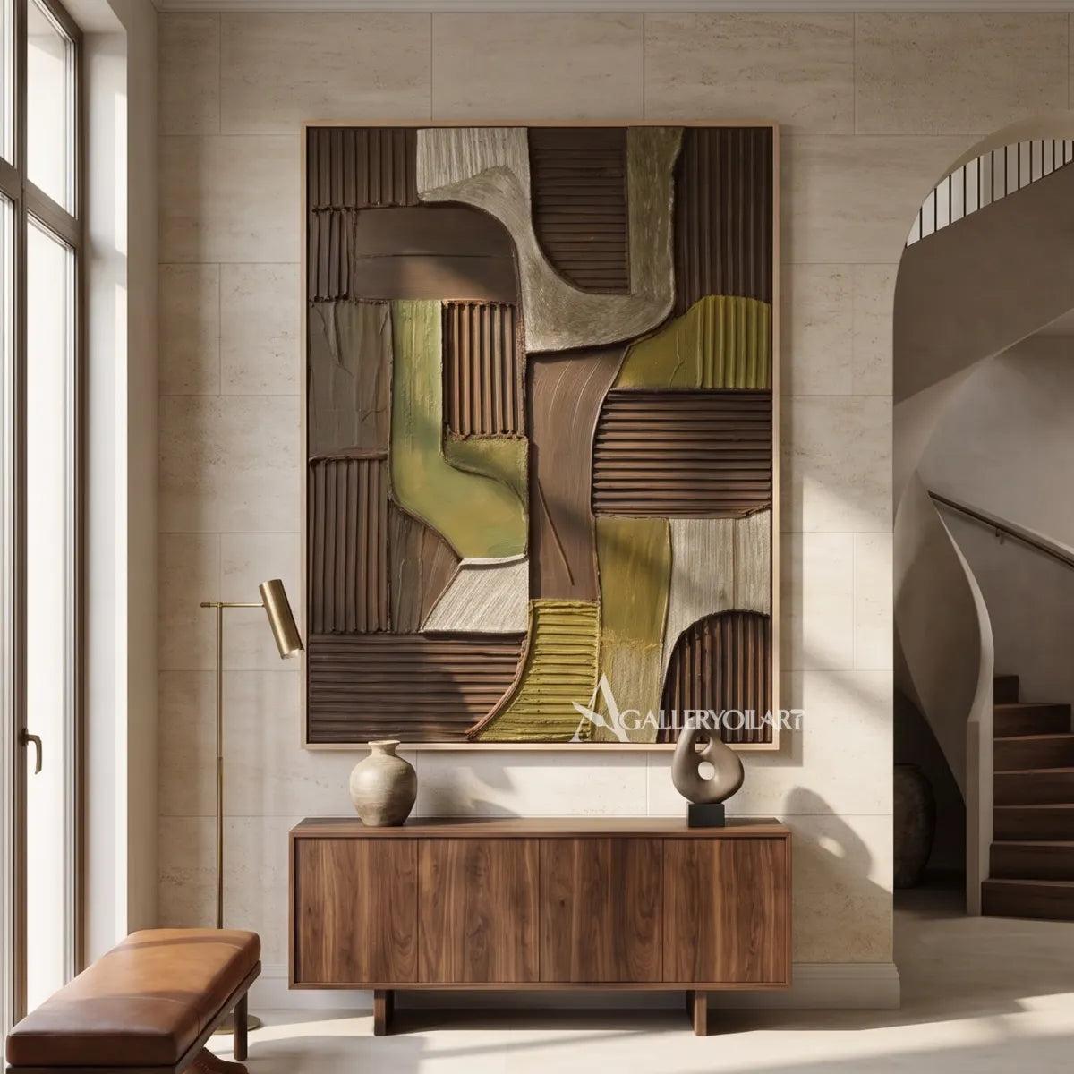Textured-3D-brown-and-olive-geometric-relief-painting-above-an-entryway-console
