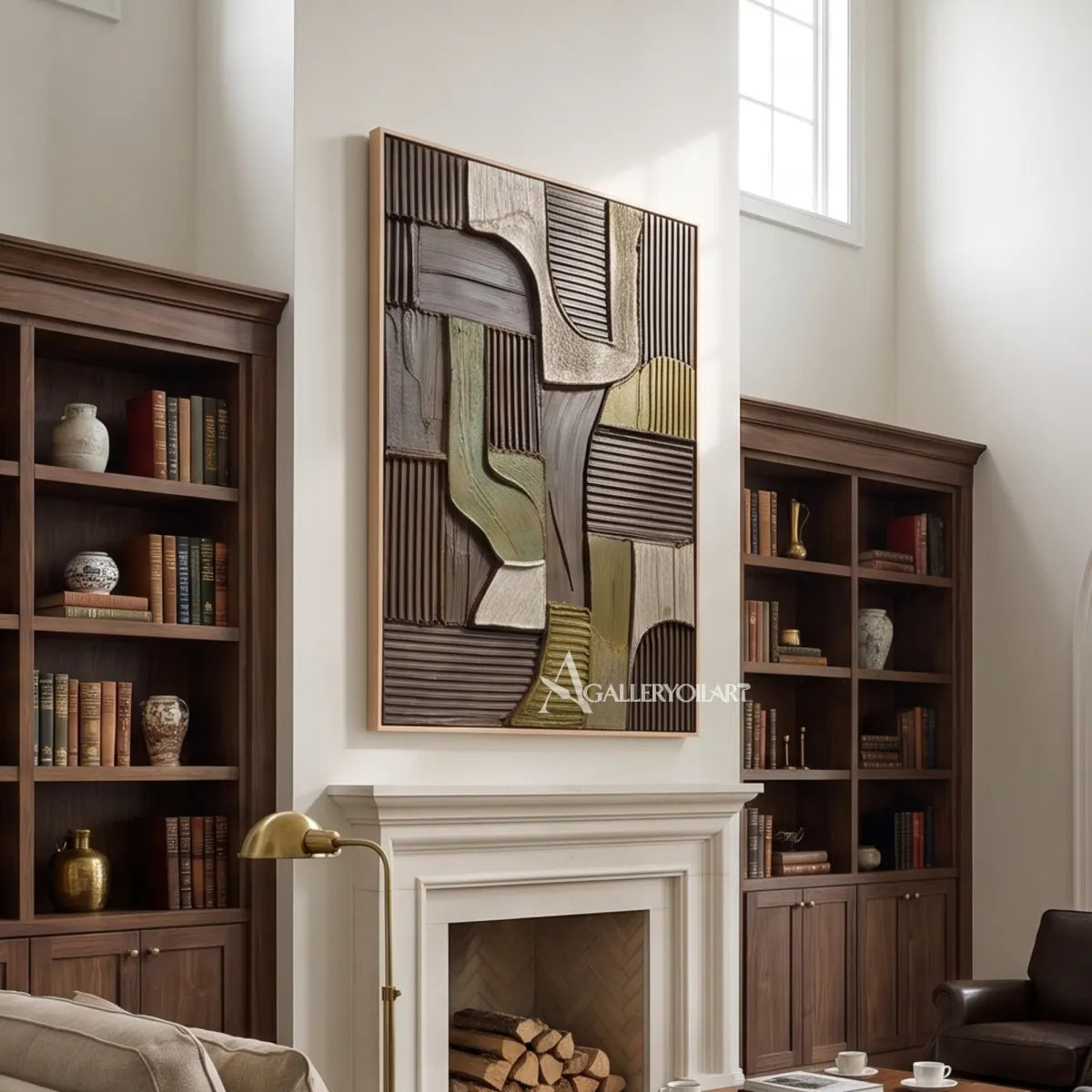 Textured-3D-brown-and-olive-geometric-relief-painting-in-a-library-with-fireplace