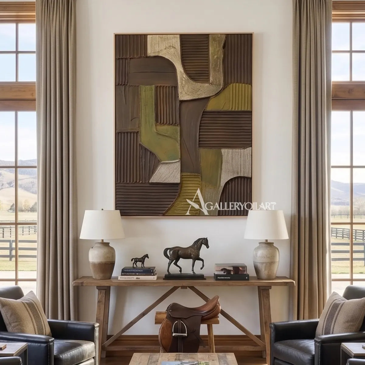 Textured-3D-brown-and-olive-geometric-relief-painting-in-a-classic-living-room