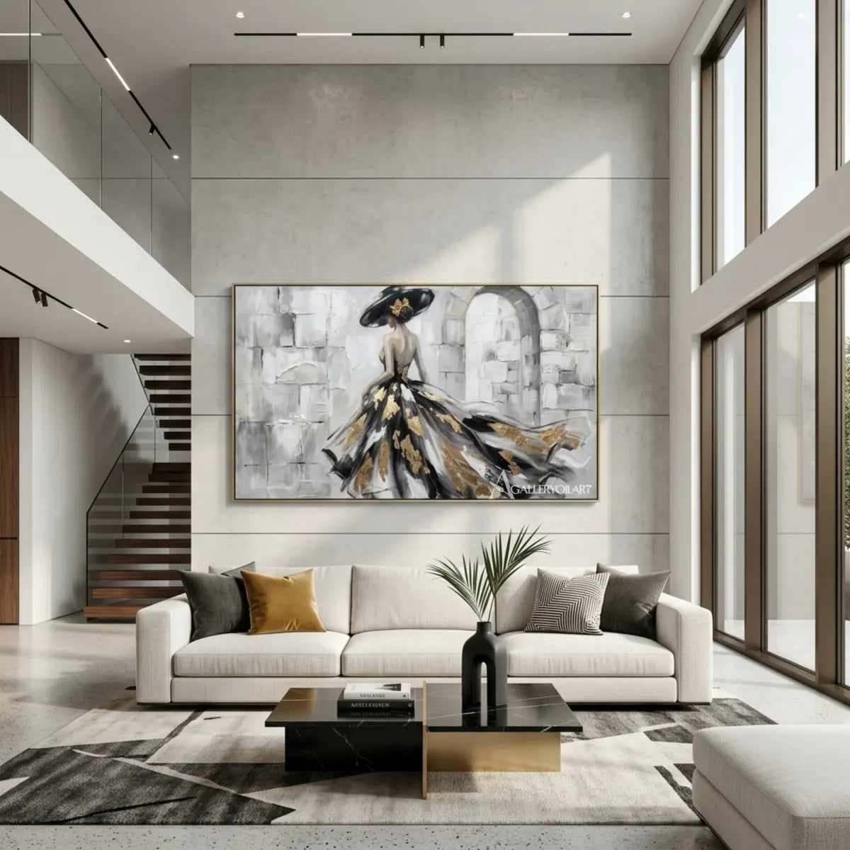 Woman-in-a-flowing-black-and-gold-gown-portrait-art-in-a-double-height-room-with-black-and-neutral-tones