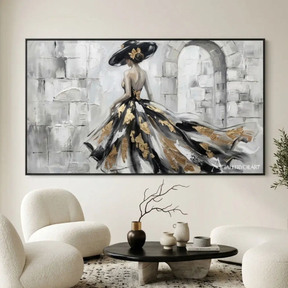 Woman-in-a-flowing-black-and-gold-gown-portrait-art-in-a-minimalist-gallery-interior-with-charcoal-and-ivory