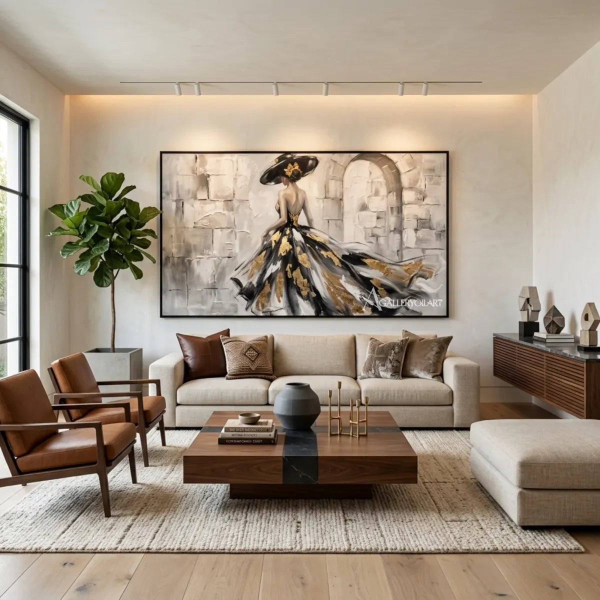 Woman-in-a-flowing-black-and-gold-gown-portrait-art-in-a-contemporary-gathering-room-with-black-and-gold-tones