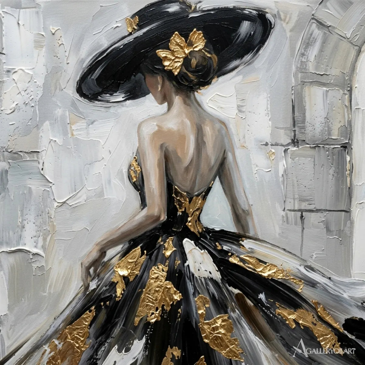 Close-up-of-black-gown-and-gold-brushstrokes-in-portrait-art-with-ivory-and-gray