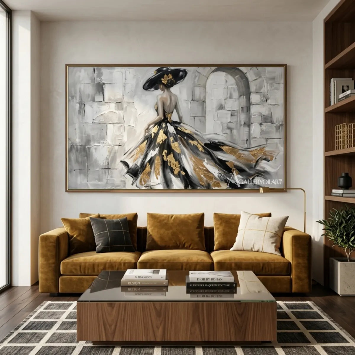 Woman-in-a-flowing-black-and-gold-gown-portrait-art-displayed-in-a-private-reading-lounge-with-black-and-gold-accents