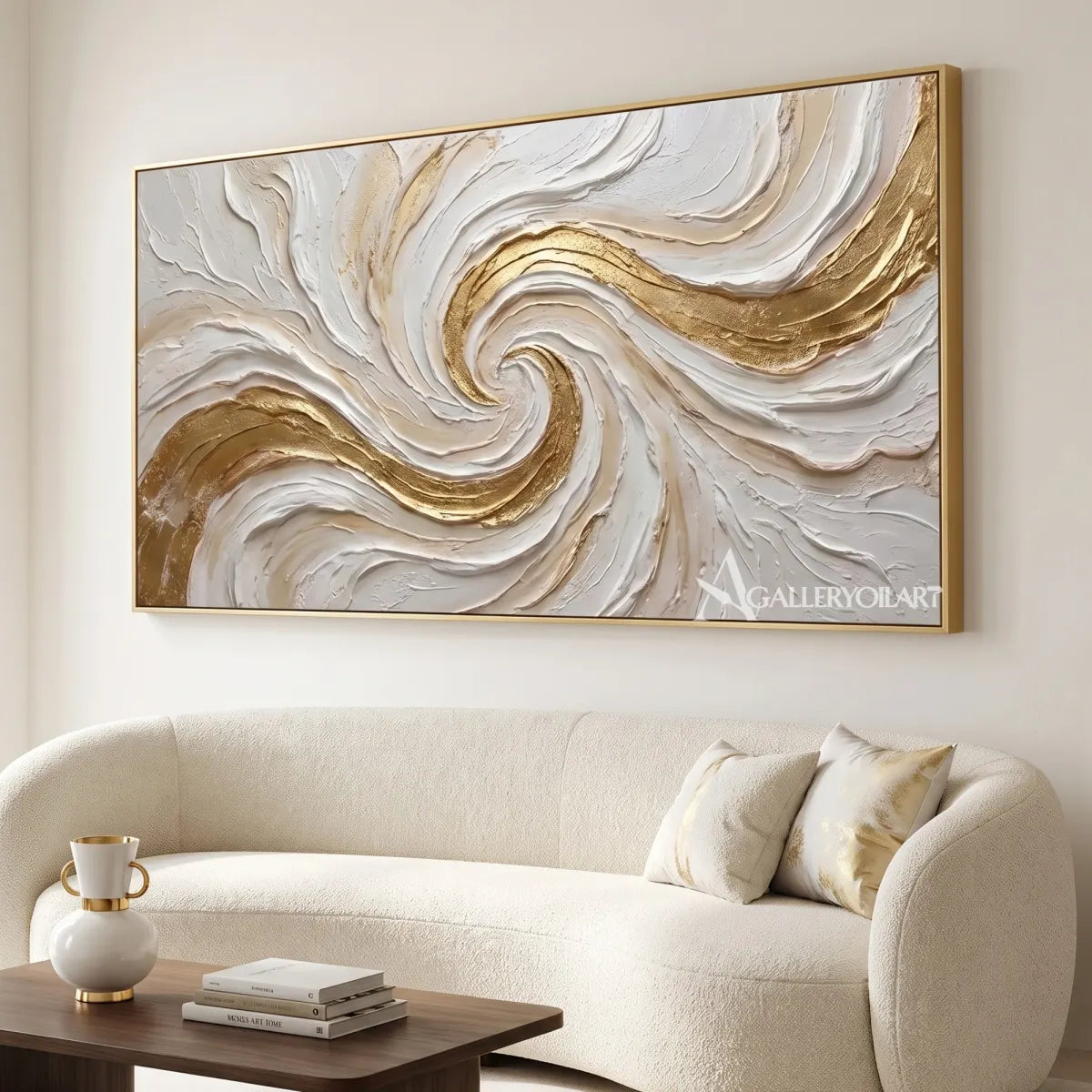 Textured 3D gilded spiral current in white and gold relief in a minimalist living room
