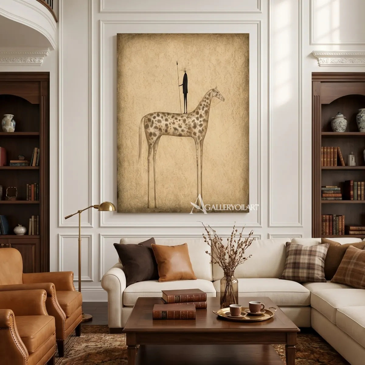 Spotted-giraffe-with-long-legs-and-dark-bird-in-a-quiet-beige-composition