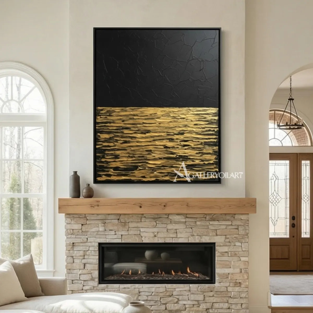Textured gold and black horizon sea beach wall art above a console
