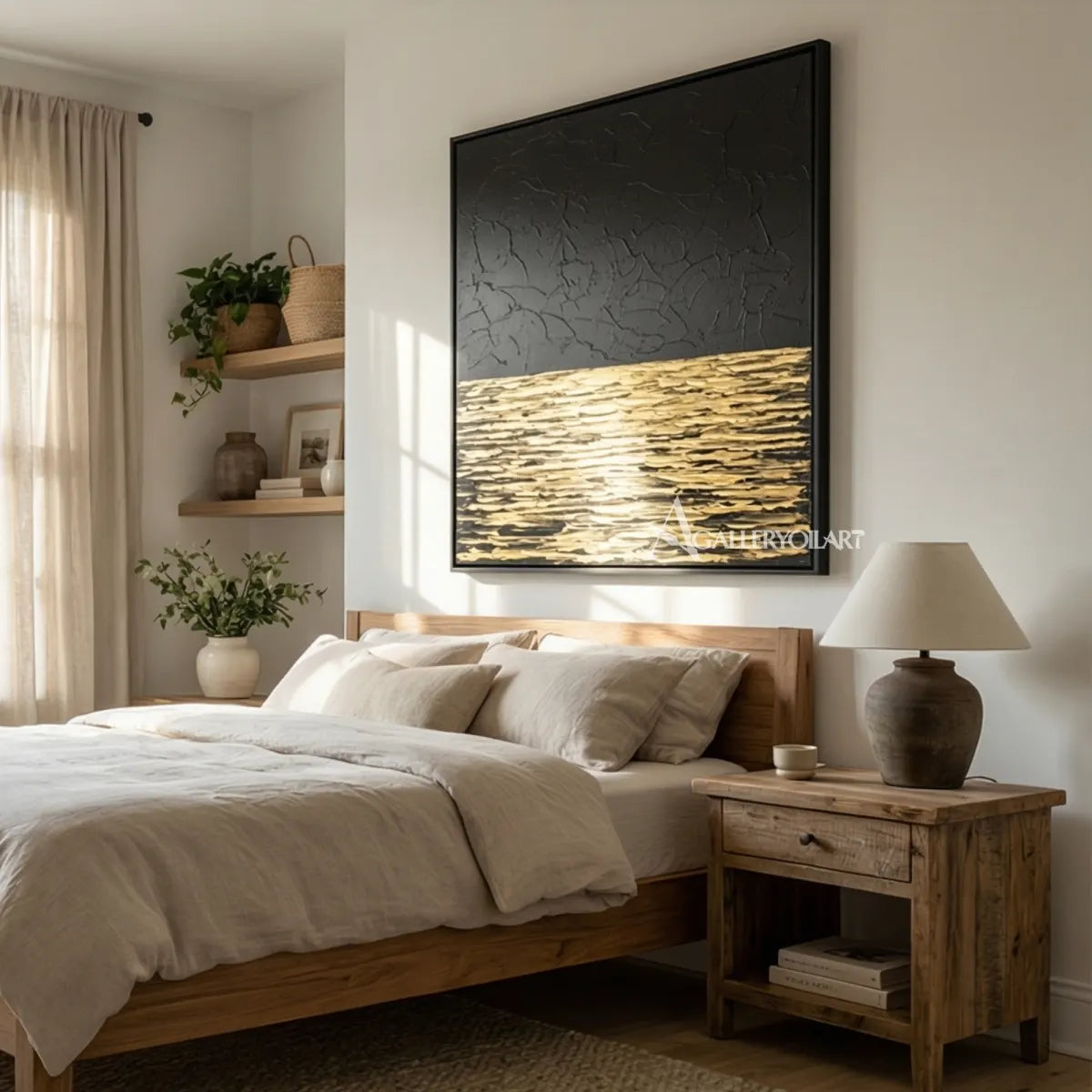 Detailed texture of raised gold and black horizon sea beach wall art