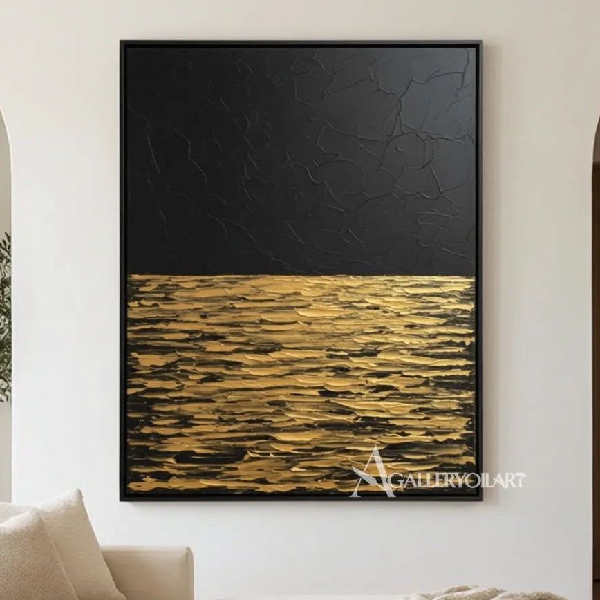 Textured gold and black horizon sea beach wall art in a modern interior