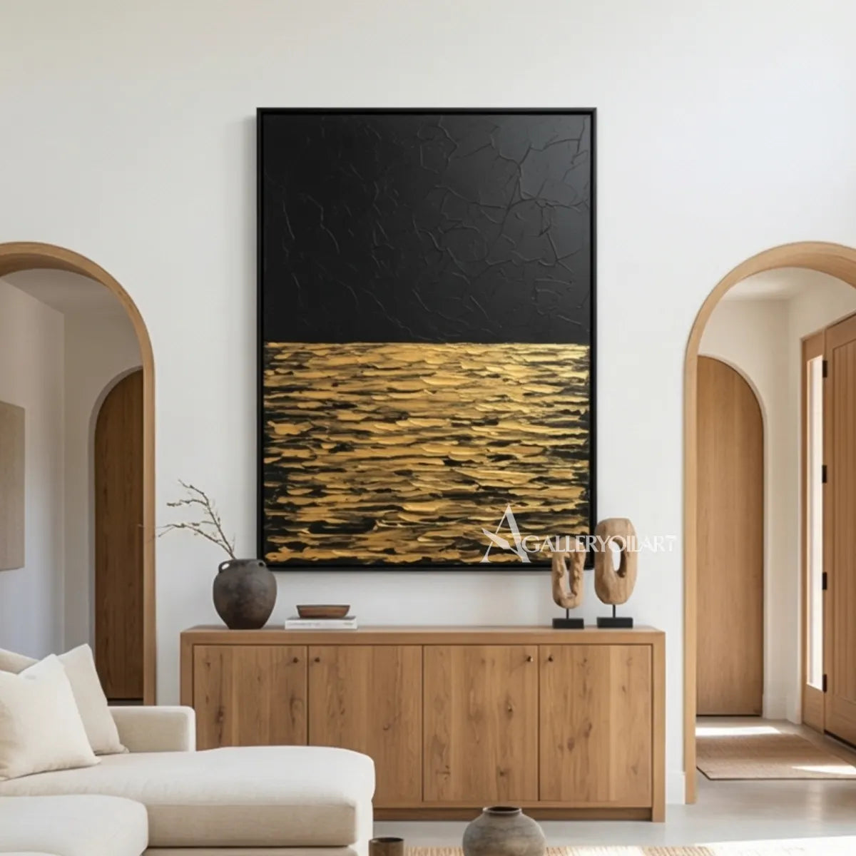 Textured gold and black horizon sea beach wall art in contemporary interior