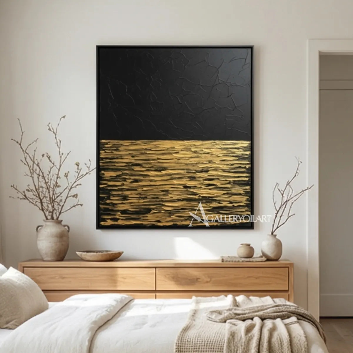 Textured gold and black horizon sea beach wall art in living room