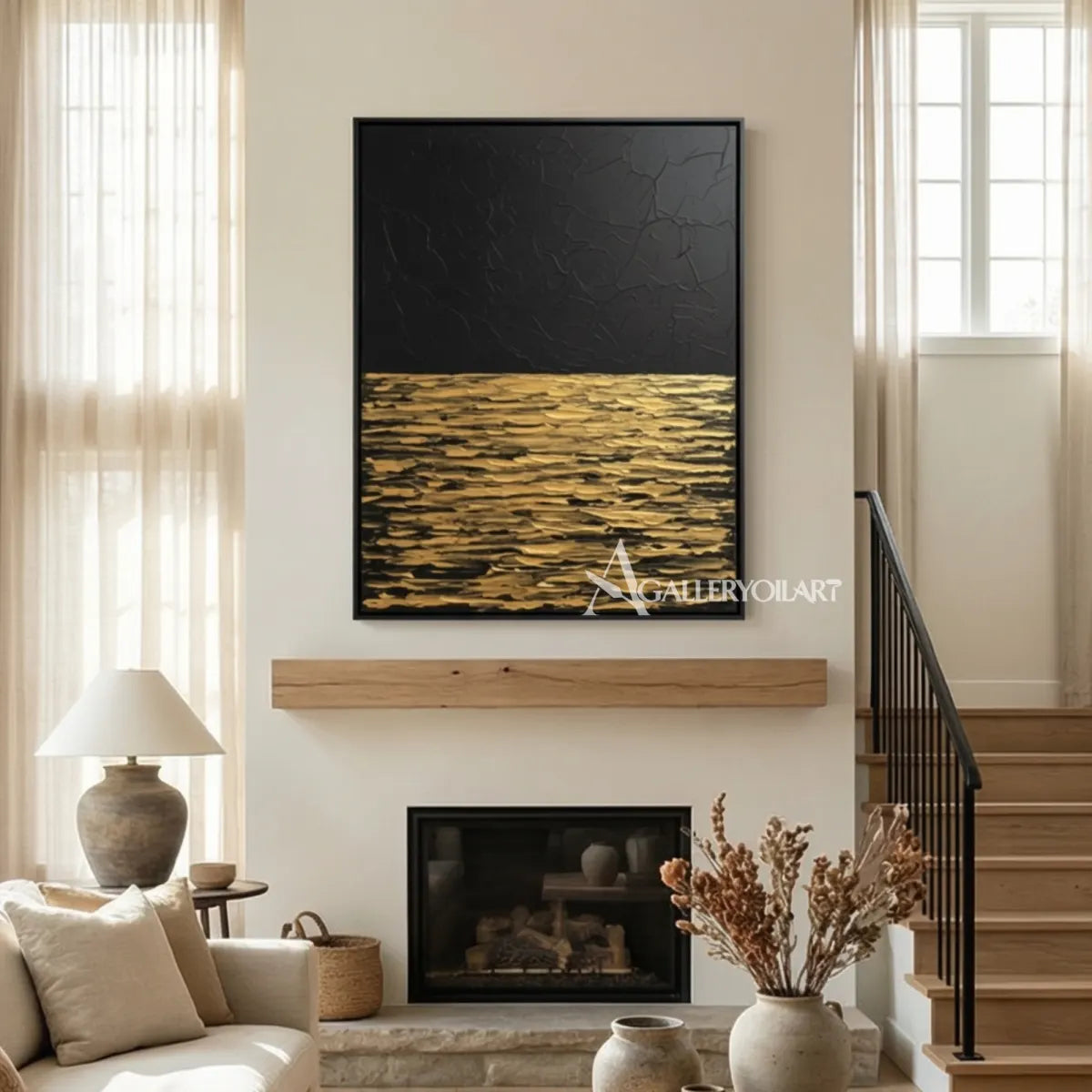 Textured gold and black horizon sea beach wall art wall display