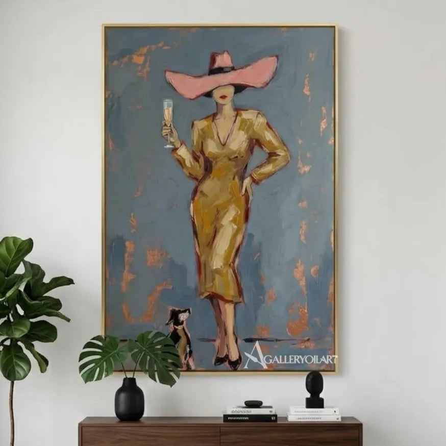 Woman-in-a-golden-outfit-and-wide-hat-portrait-art-displayed-in-a-modern-entryway