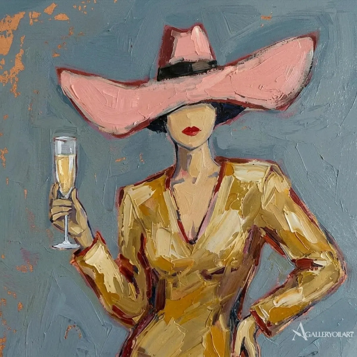 Close-up-of-golden-outfit-and-wide-hat-brushstrokes-in-portrait-art-against-a-muted-blue-ground