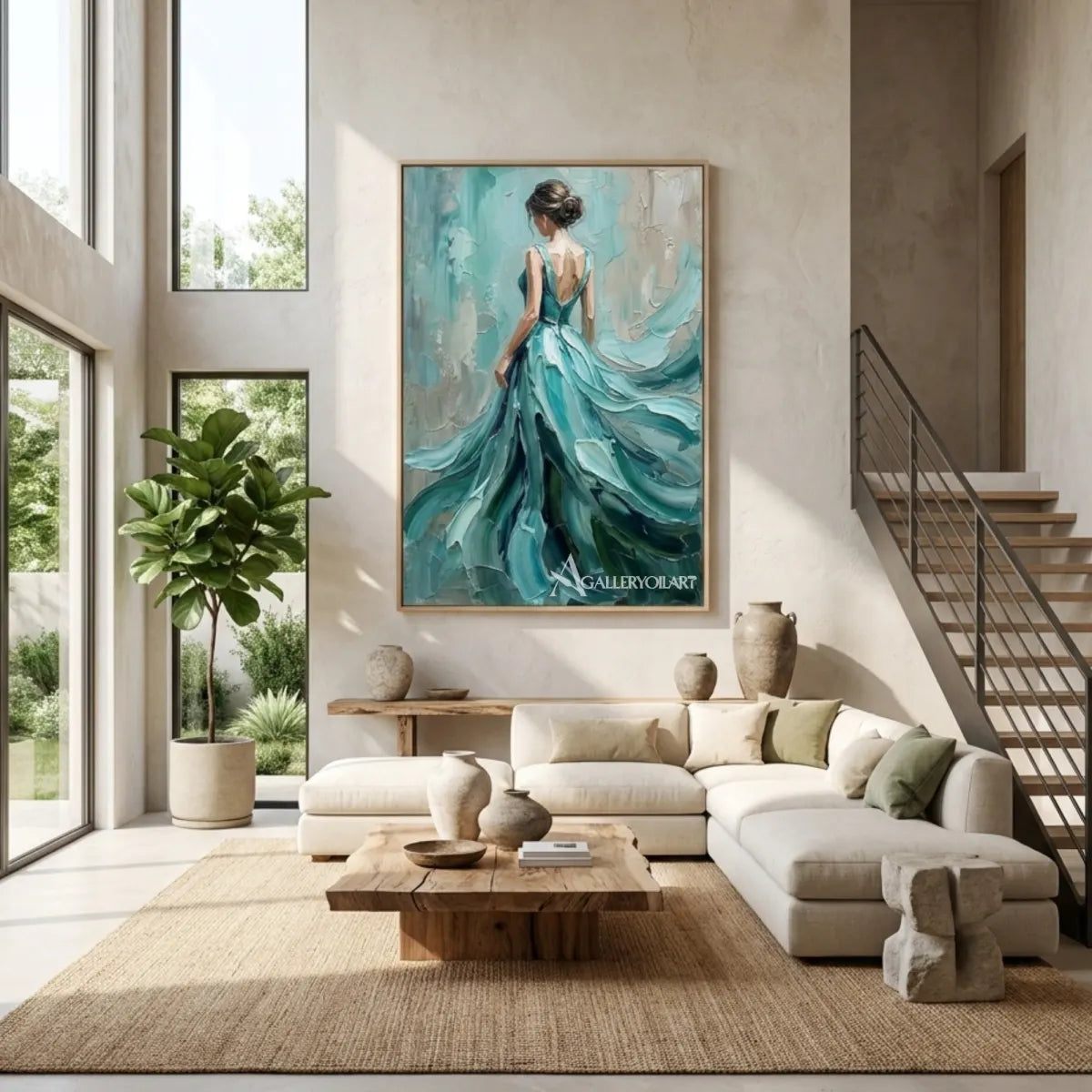 Portrait-art-of-a-woman-in-a-flowing-teal-gown-in-a-bright-living-room