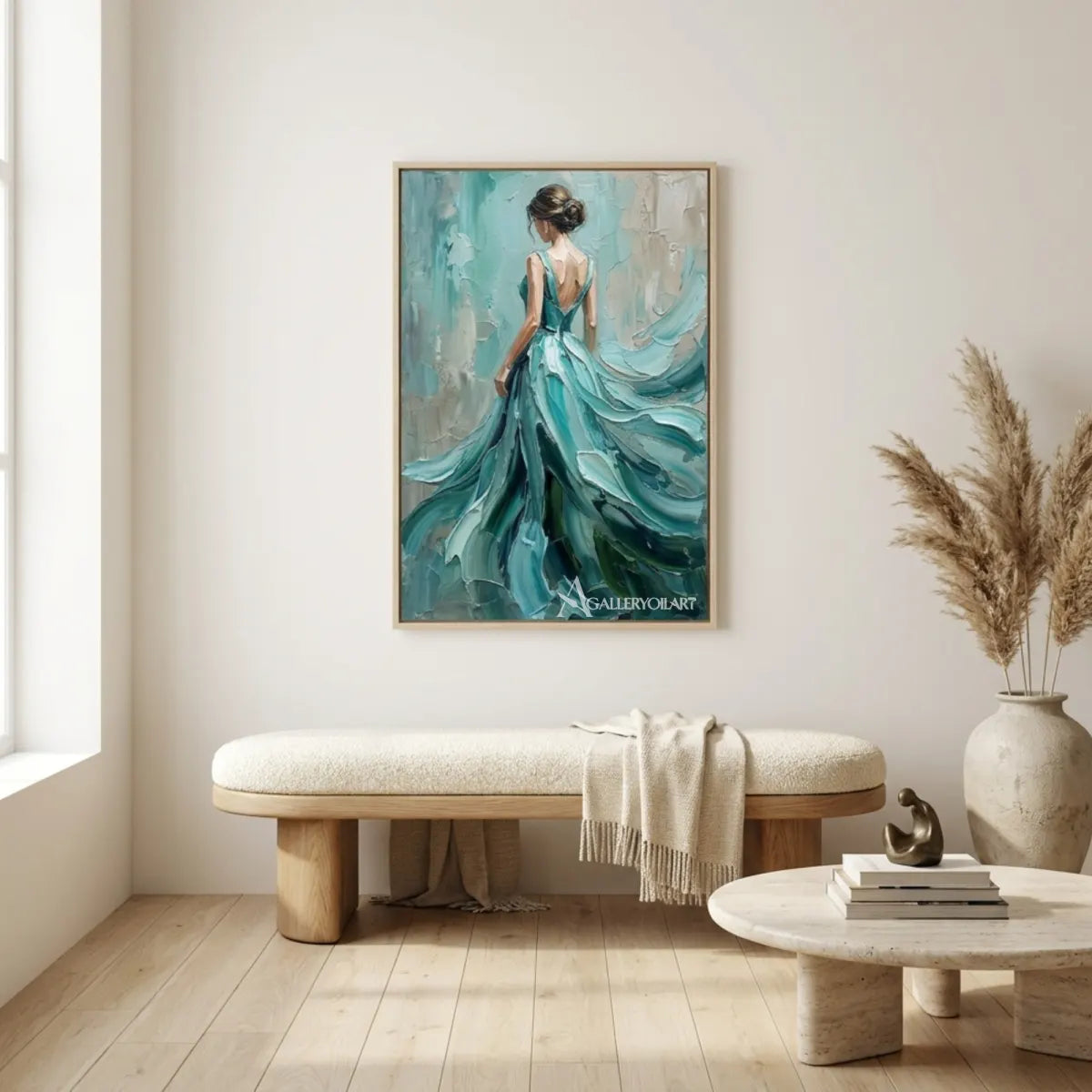 Gallery-lounge-display-of-teal-and-turquoise-woman-portrait-art