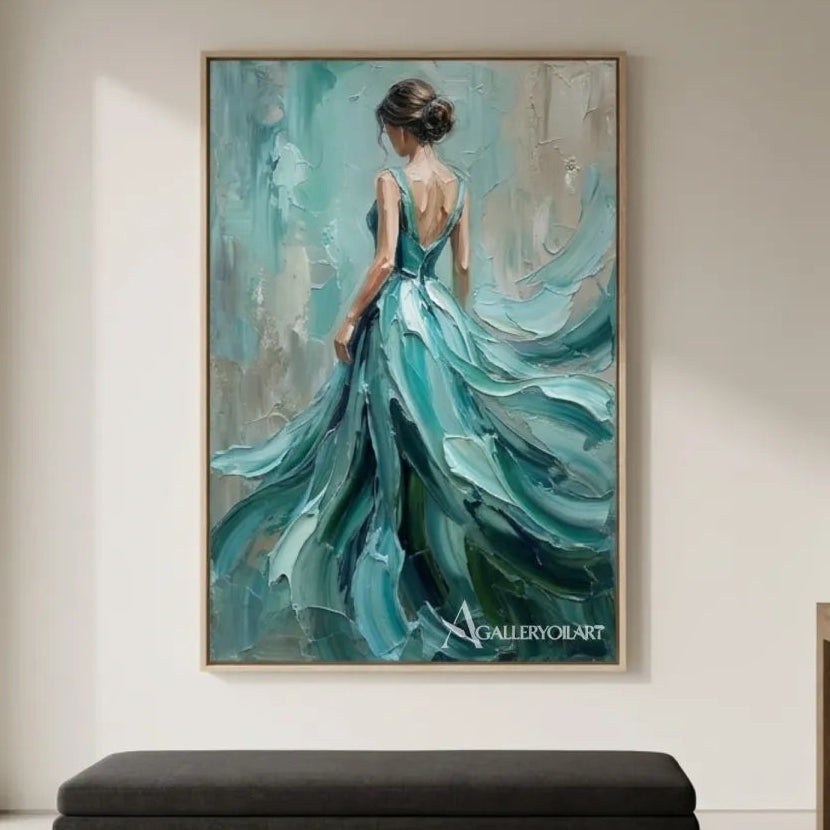 Vertical-teal-dress-portrait-art-in-a-minimalist-interior