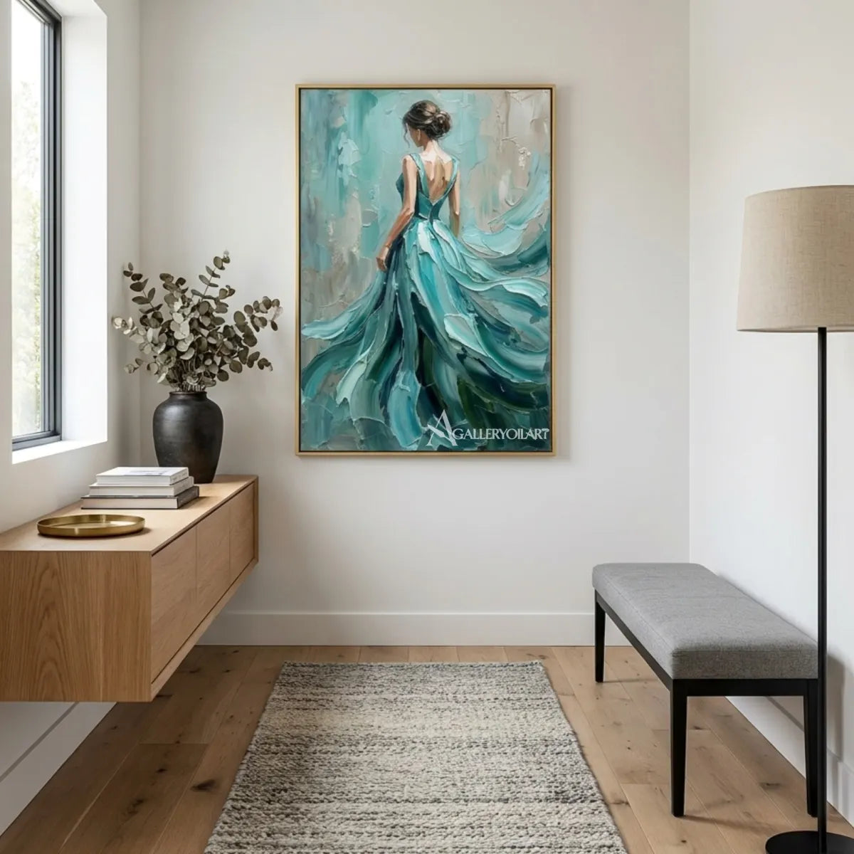 Modern-entryway-with-vertical-portrait-art-of-a-woman-in-a-teal-gown