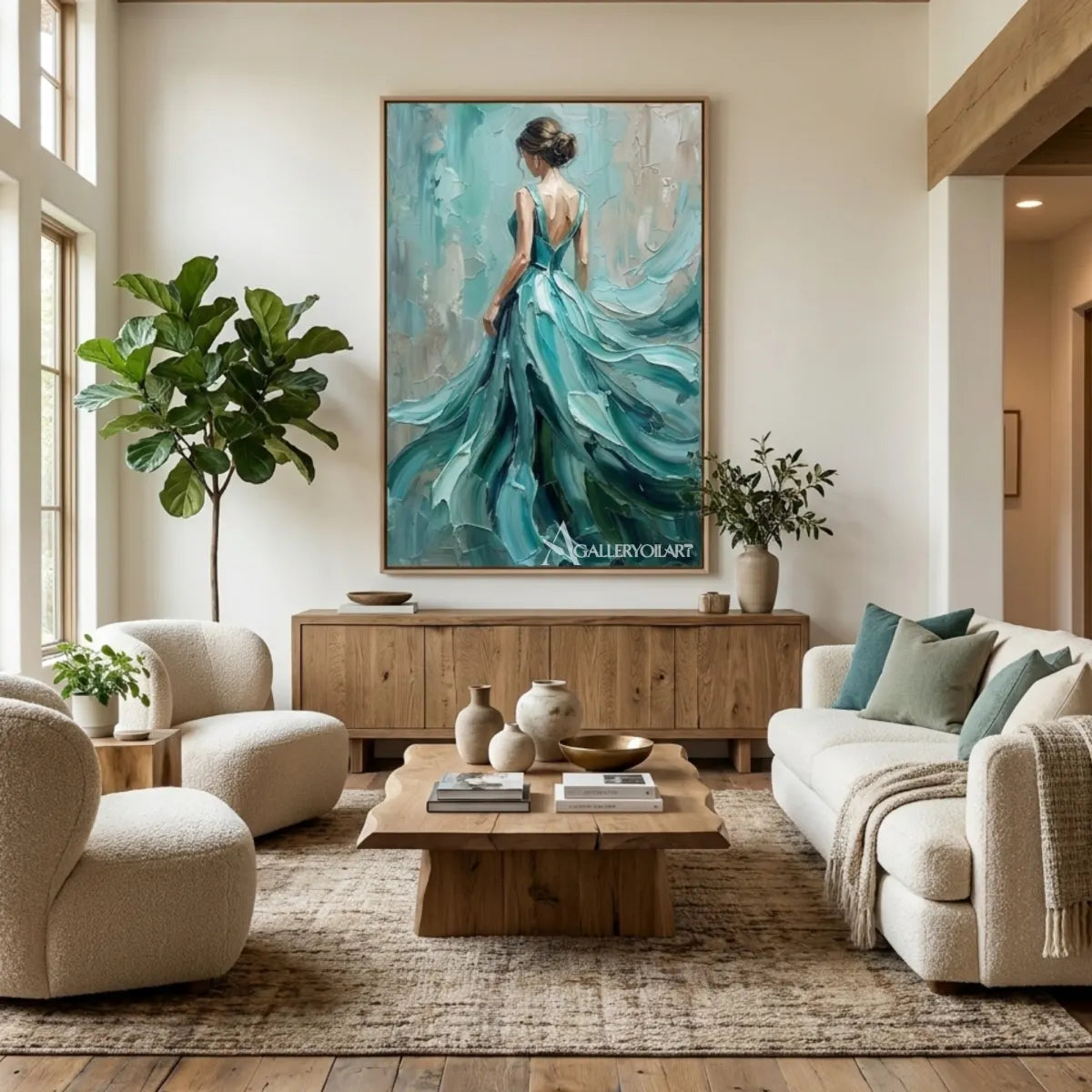 Teal-gown-portrait-art-of-a-woman-displayed-in-a-sunlit-gathering-room