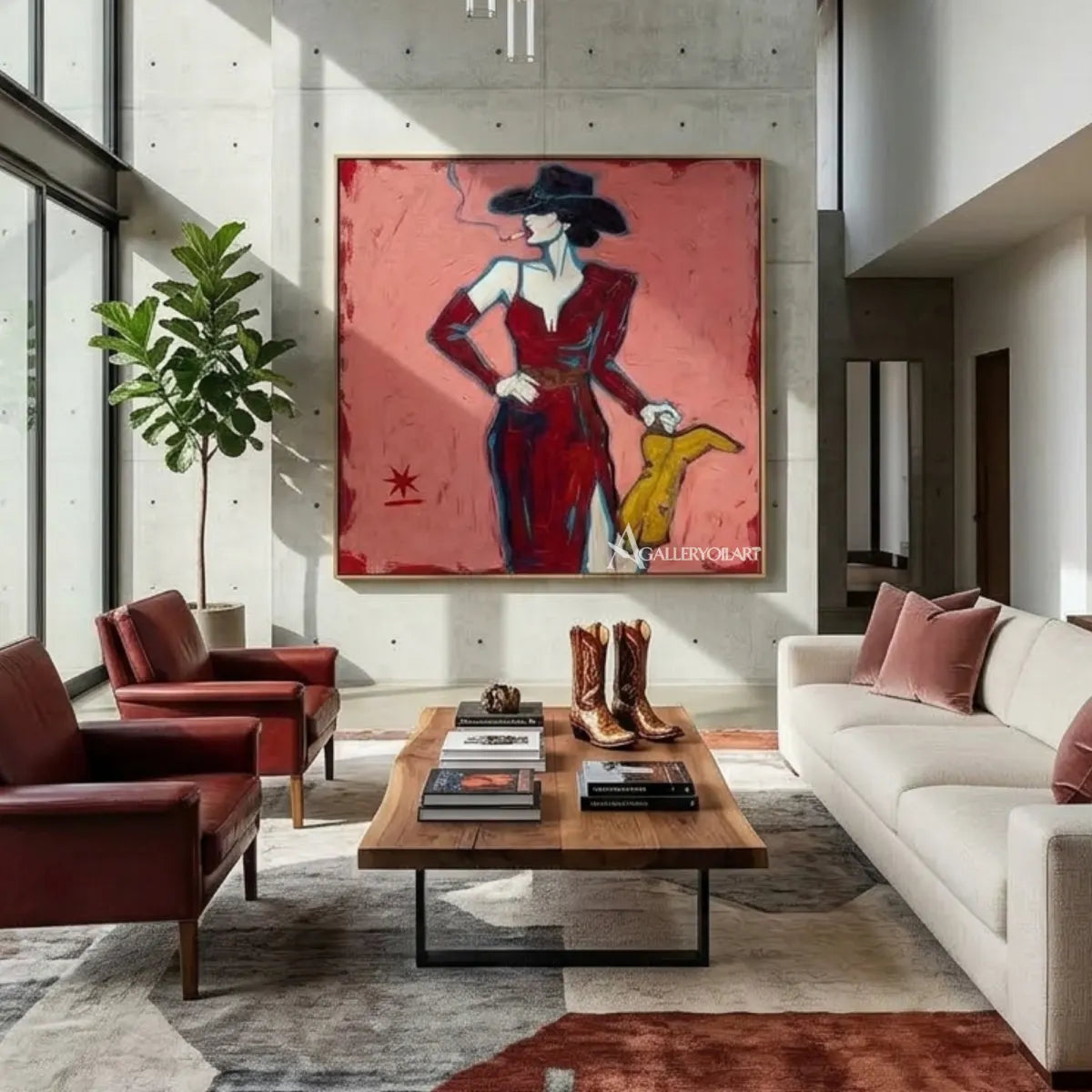 woman-in-red-suit-with-yellow-handbag-pop-art-pink-contemporary-living-room