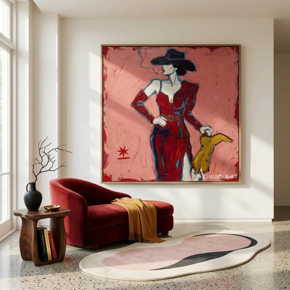 woman-in-red-suit-with-yellow-handbag-pop-art-pink-gallery