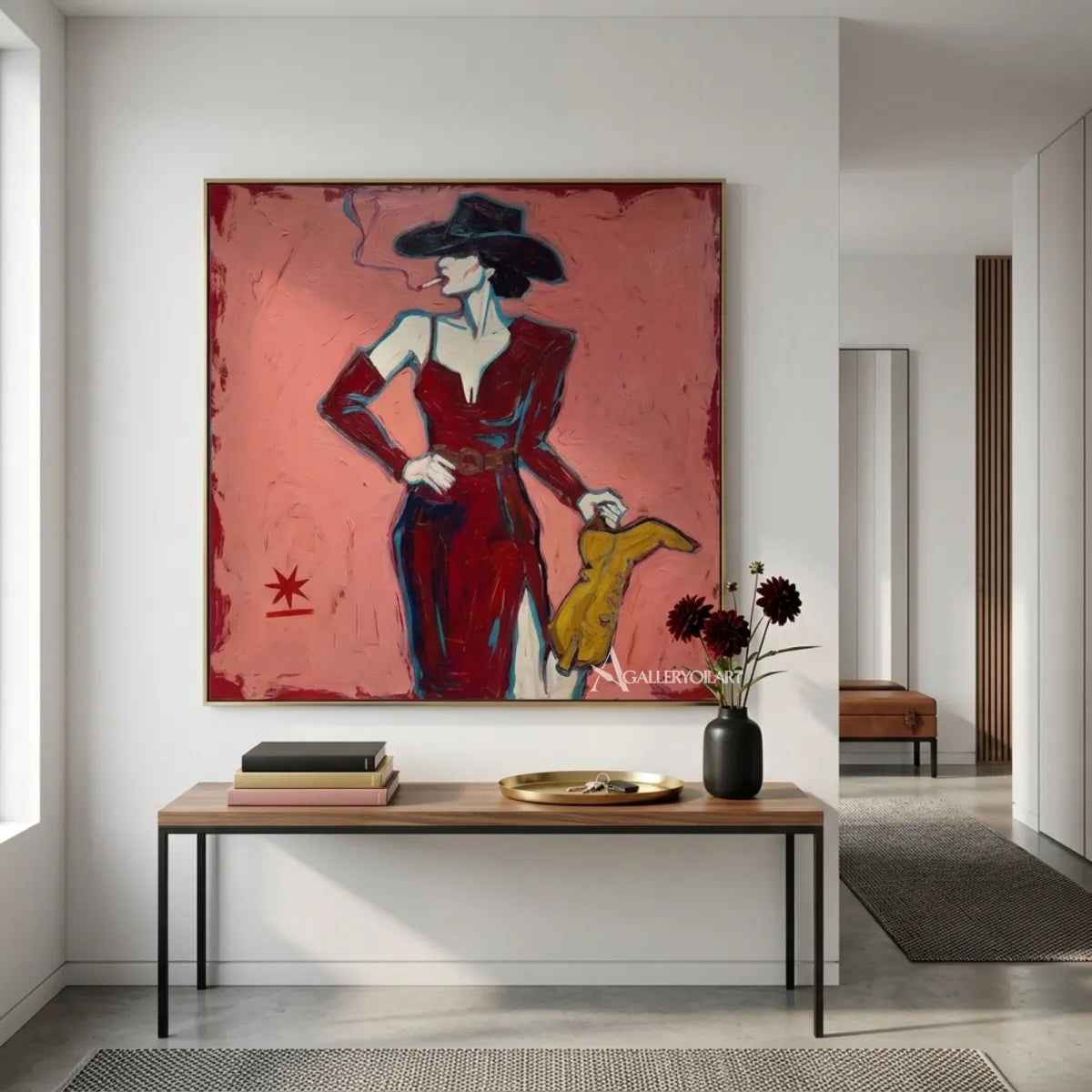 woman-in-red-suit-with-yellow-handbag-pop-art-pink-hero-close