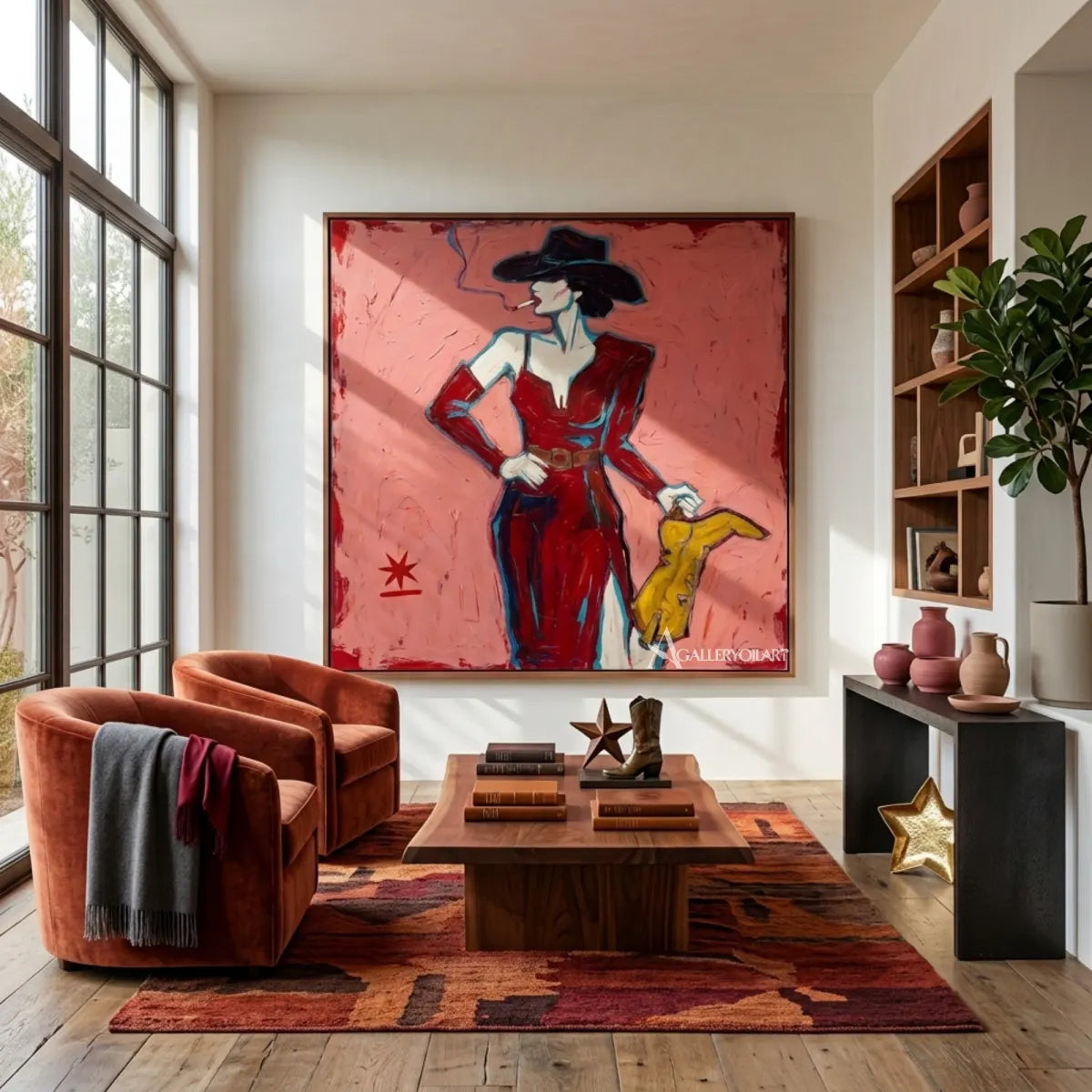 woman-in-red-suit-with-yellow-handbag-pop-art-pink-living-room