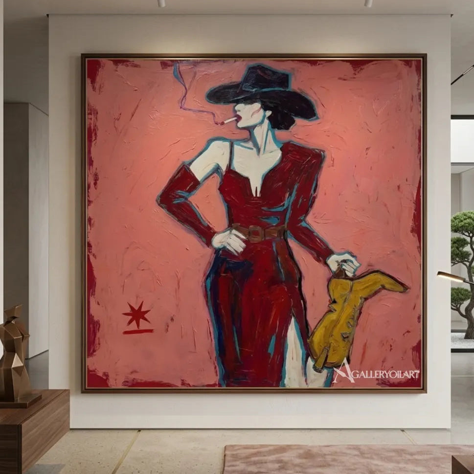 woman-in-red-suit-with-yellow-handbag-pop-art-pink-minimalist-interior