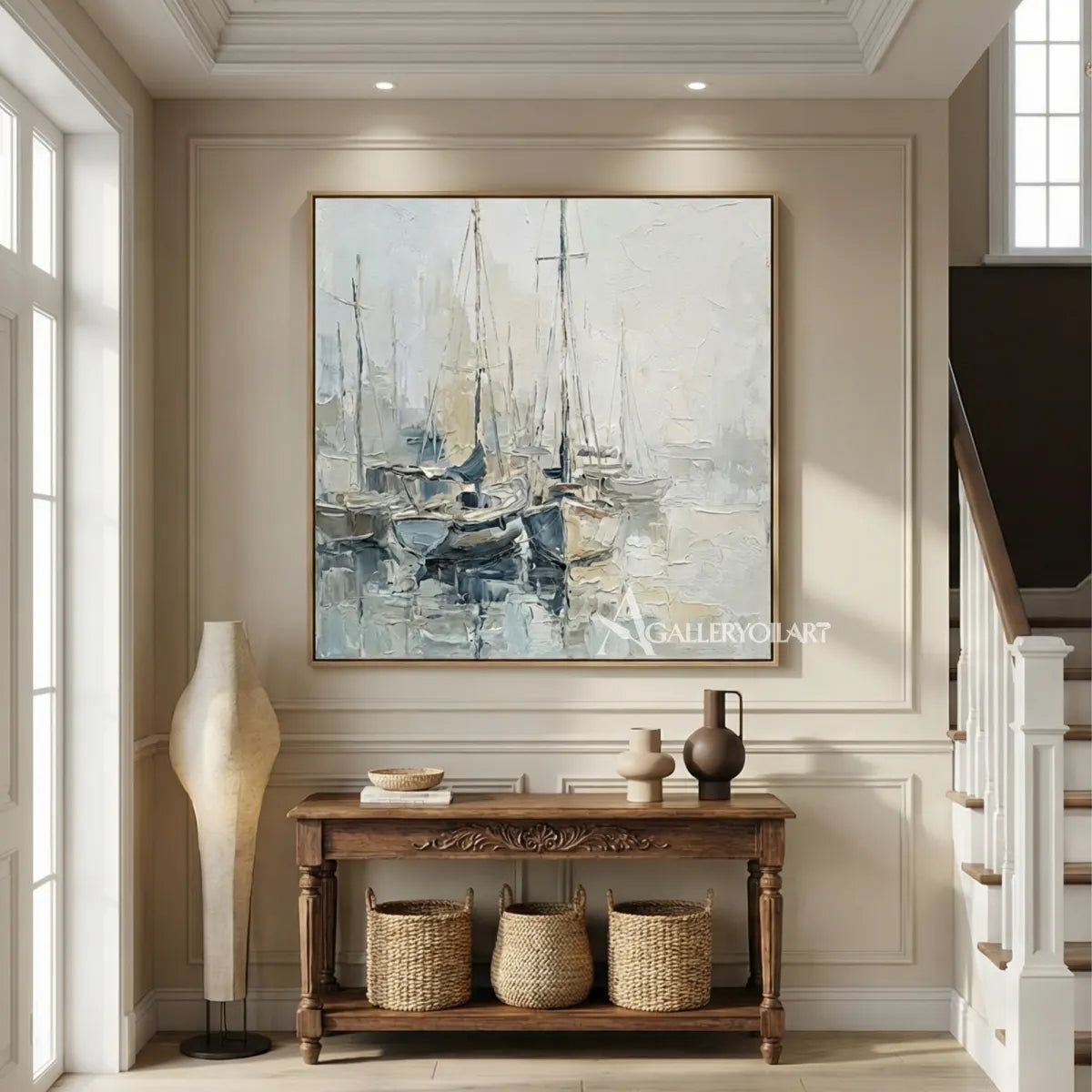 Quiet-sailboat-harbor-sea-beach-blue-wall-art-above-a-wood-entry-console