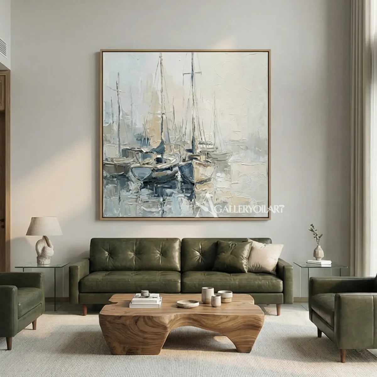 Quiet-sailboat-harbor-sea-beach-blue-wall-art-above-a-dark-green-sofa