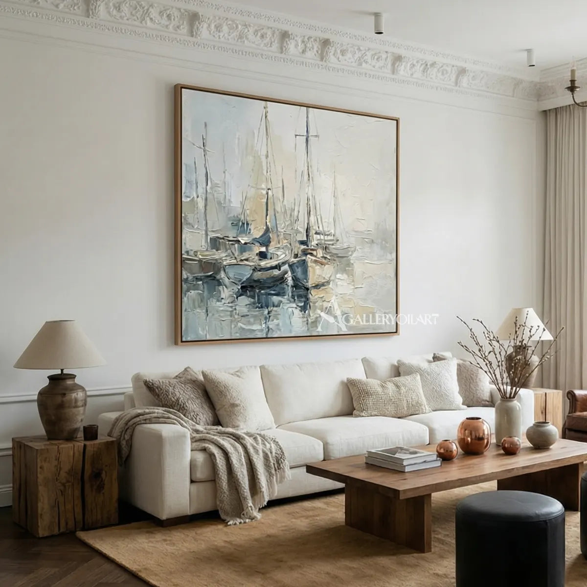 Quiet-sailboat-harbor-sea-beach-blue-wall-art-above-a-neutral-living-room-sofa