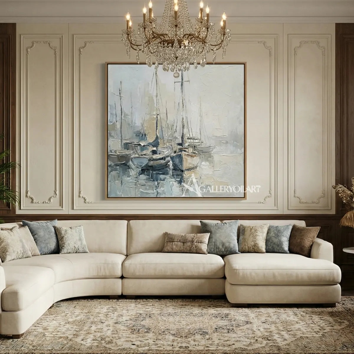 Quiet-sailboat-harbor-sea-beach-blue-wall-art-above-a-cream-sectional