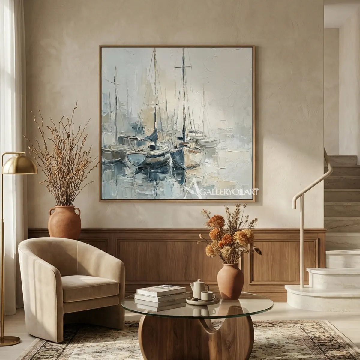Quiet-sailboat-harbor-sea-beach-blue-wall-art-beside-a-bright-stair-hall