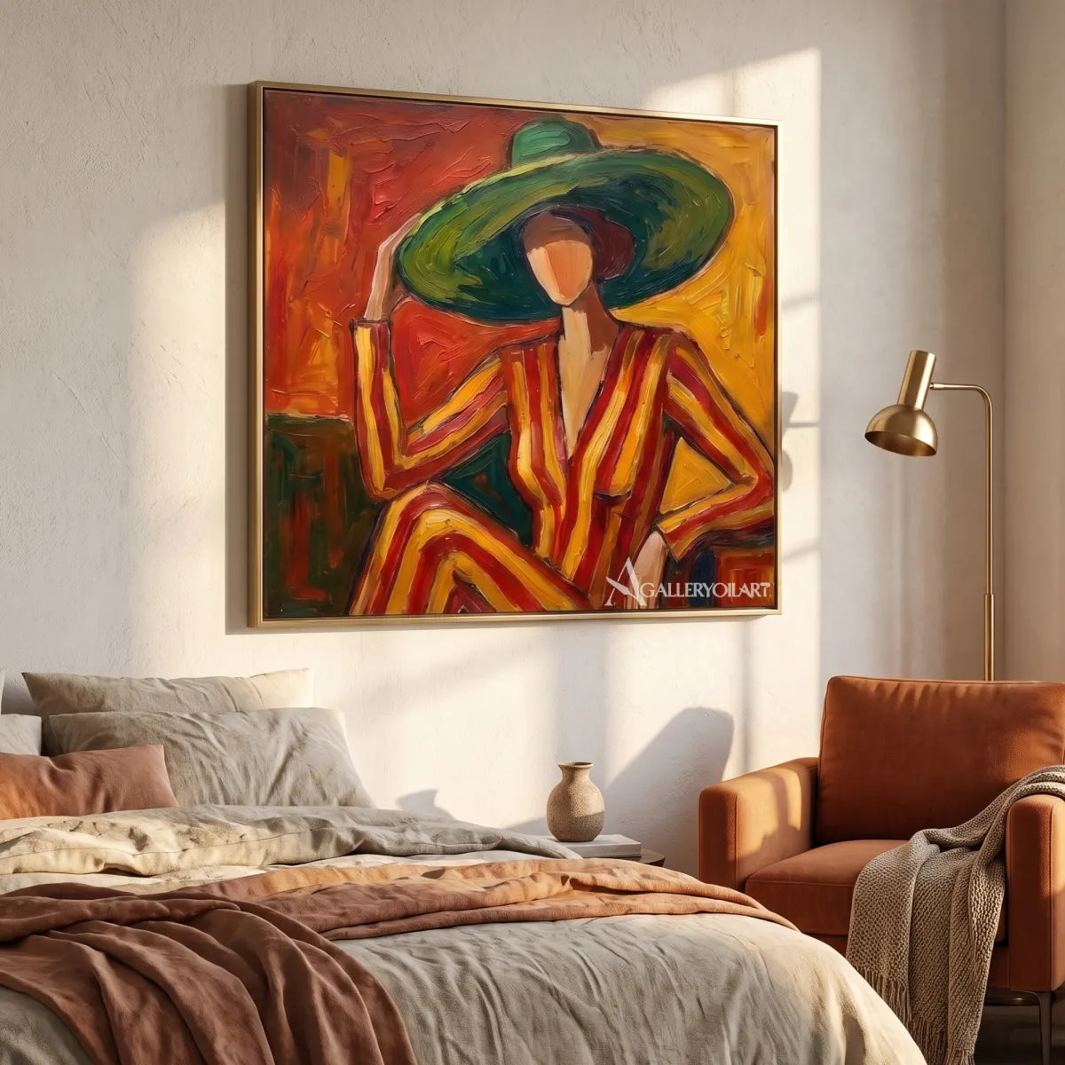hat muse pop-art orange wall art in a warm modern interior 6
