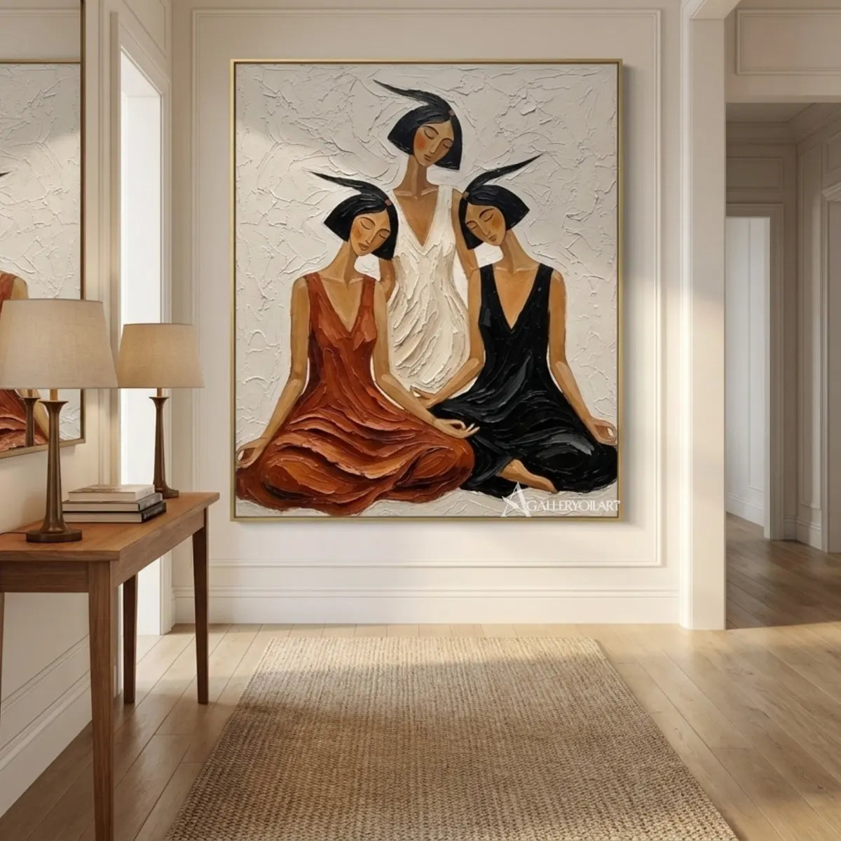 two-women-in-broad-brimmed-hats-portrait-art-brown-wall-art-transitional-hallway