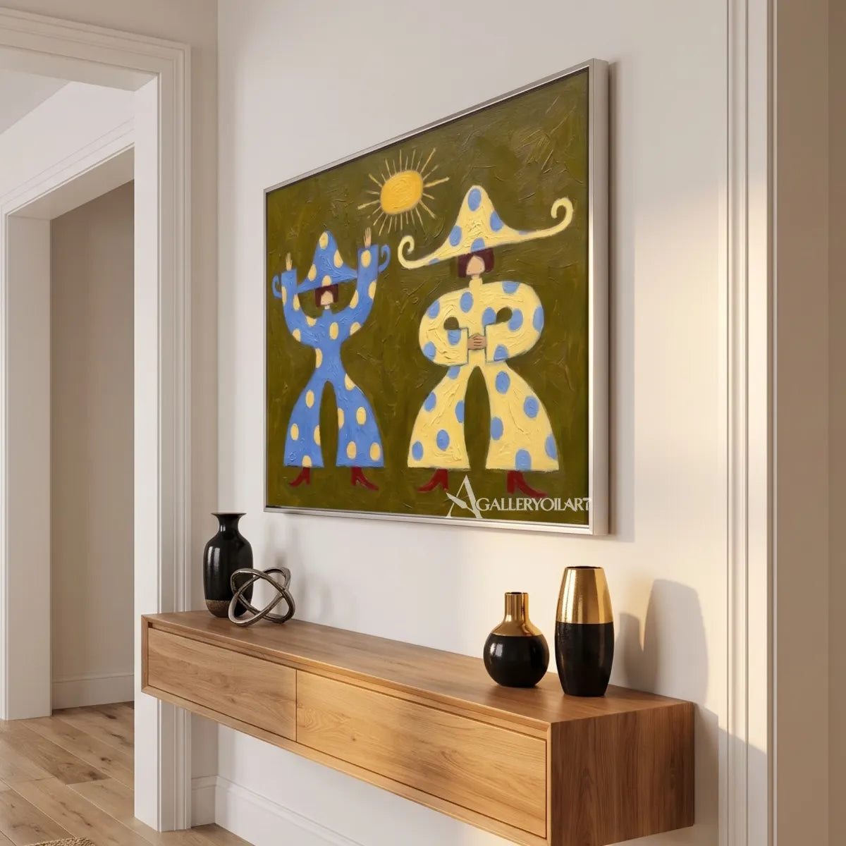 folk-art-pair-above-a-wood-console-seen-from-an-angle-with-blue-and-cream-tones