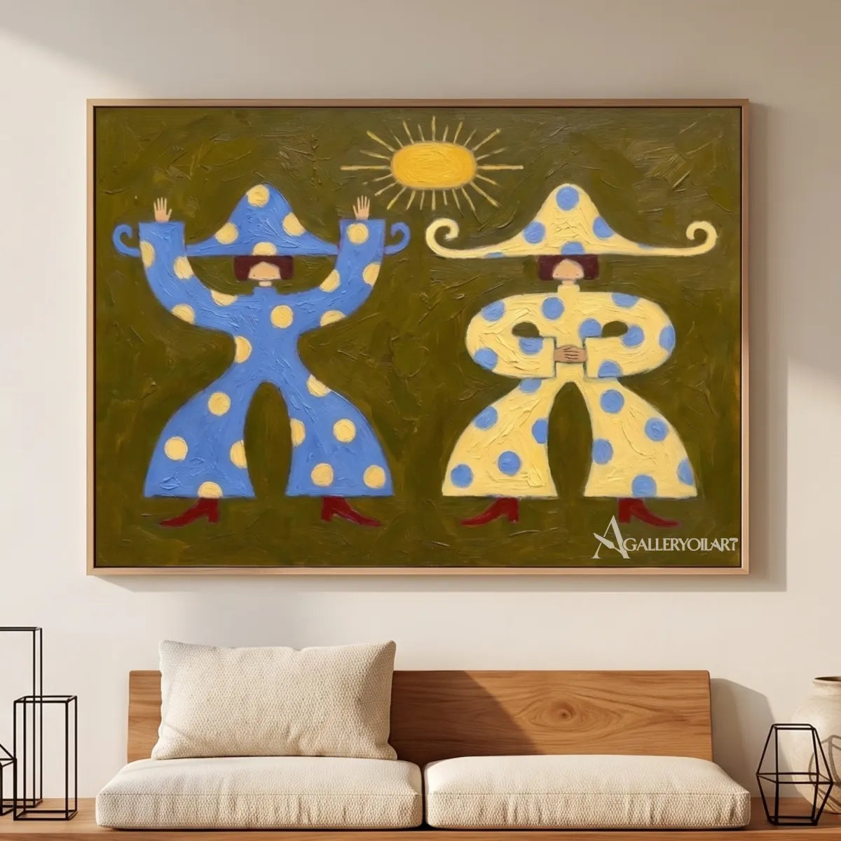 close-view-of-two-hatted-figures-and-the-sun-in-folk-art-style-with-blue-and-cream-tones