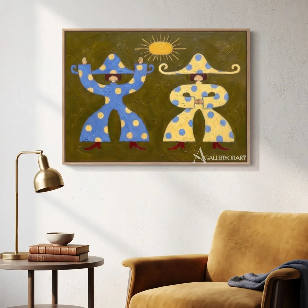 blue-and-cream-dotted-figures-in-a-sitting-room-in-folk-art-style