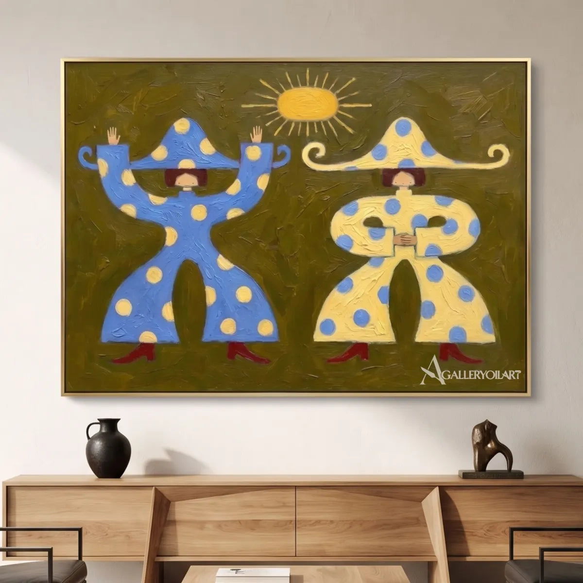 two-hatted-figures-beneath-a-radiating-sun-in-a-sunlit-console-room-with-blue-and-cream-tones