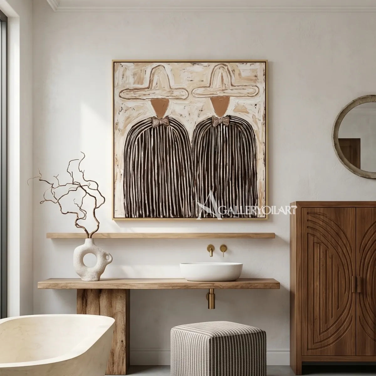 Portrait-art-painting-of-two-hatted-figures-in-dark-striped-coats-against-a-textured-beige-ground-in-a-bathroom