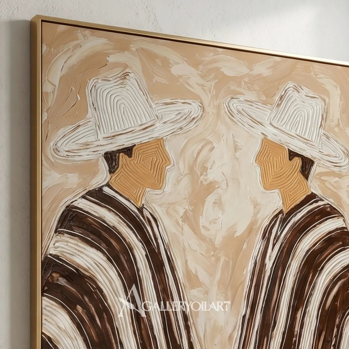 Close-up-portrait-art-of-two-hatted-figures-facing-each-other-in-striped-coats-against-textured-beige