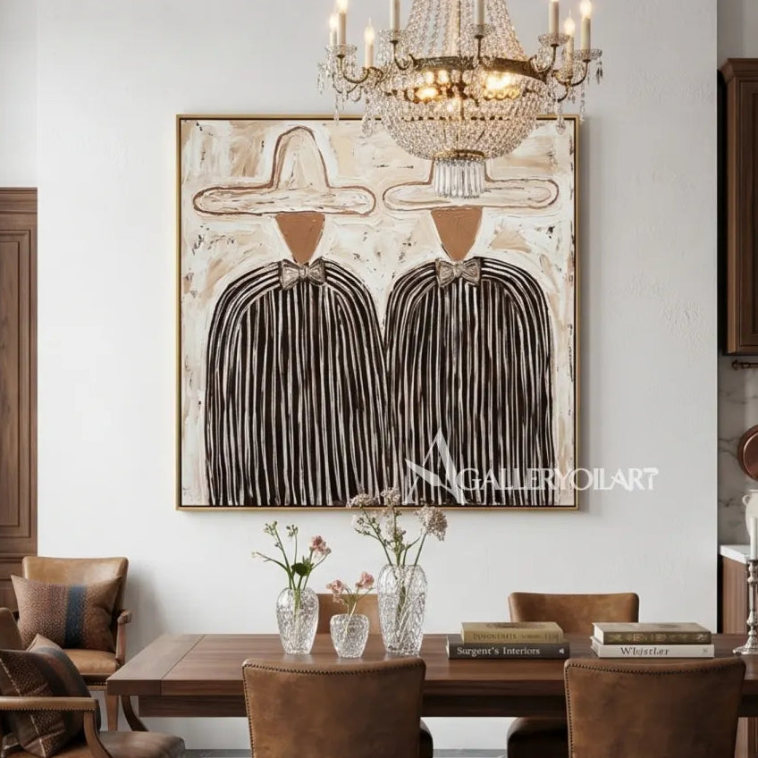 Portrait-art-painting-of-two-hatted-figures-in-dark-striped-coats-against-a-textured-beige-ground-in-a-dining-area