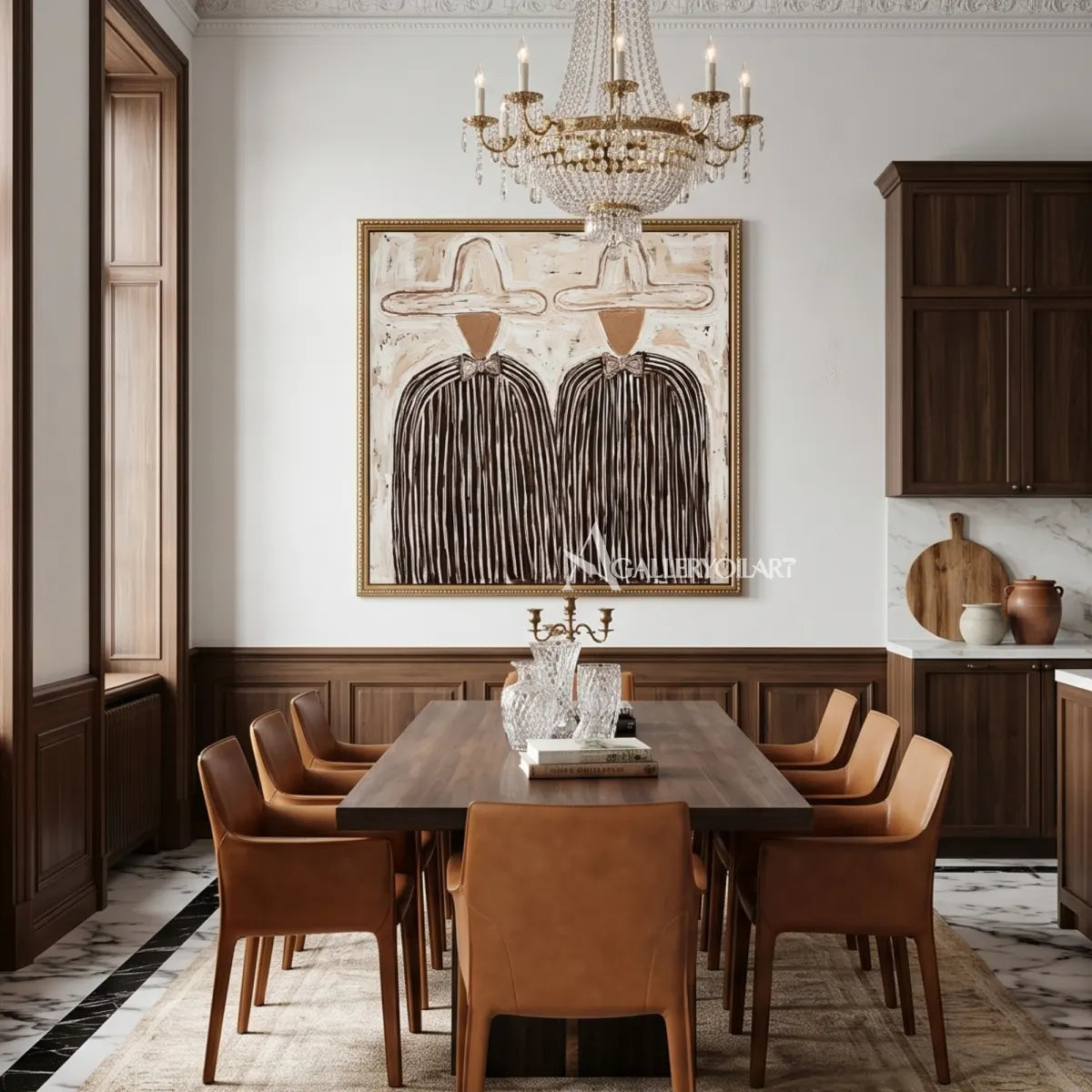 Portrait-art-painting-of-two-hatted-figures-in-dark-striped-coats-against-a-textured-beige-ground-in-a-dining-room