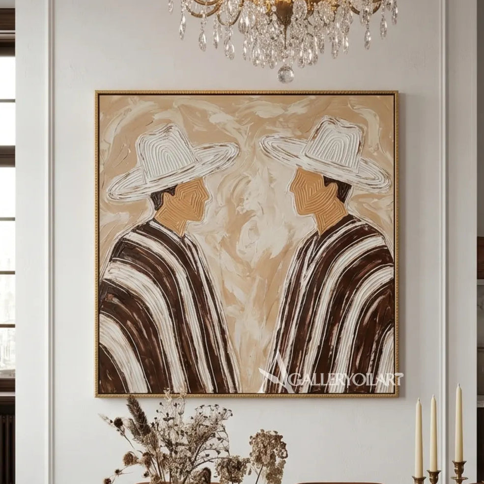 Portrait-art-painting-of-two-hatted-figures-facing-each-other-in-striped-coats-against-beige-and-brown-in-an-entryway