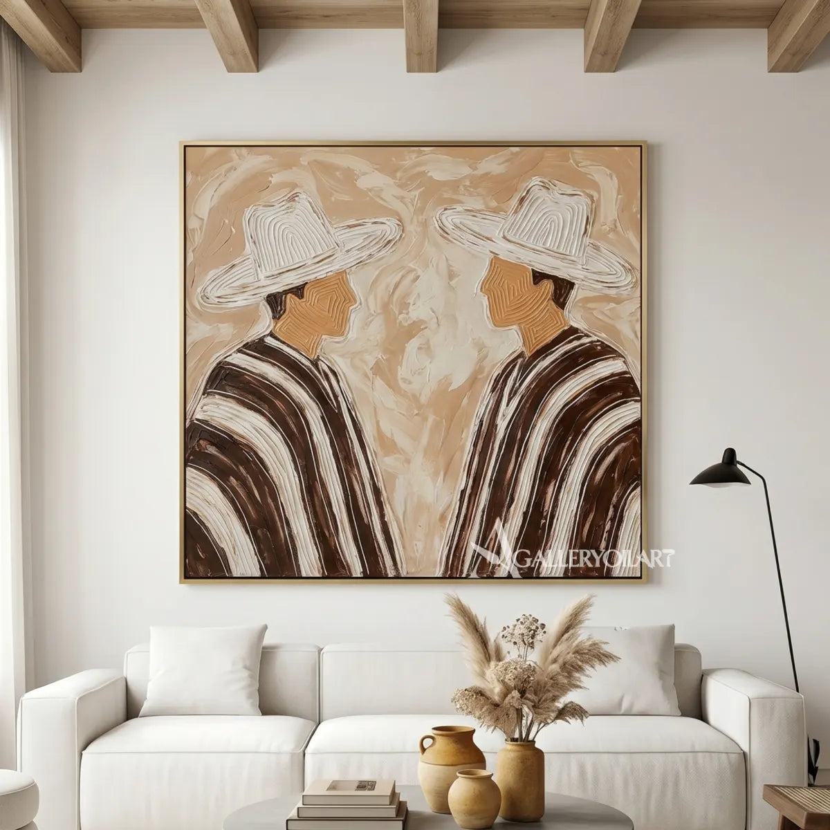 Portrait-art-painting-of-two-hatted-figures-facing-each-other-in-striped-coats-against-beige-and-brown-in-a-living-room