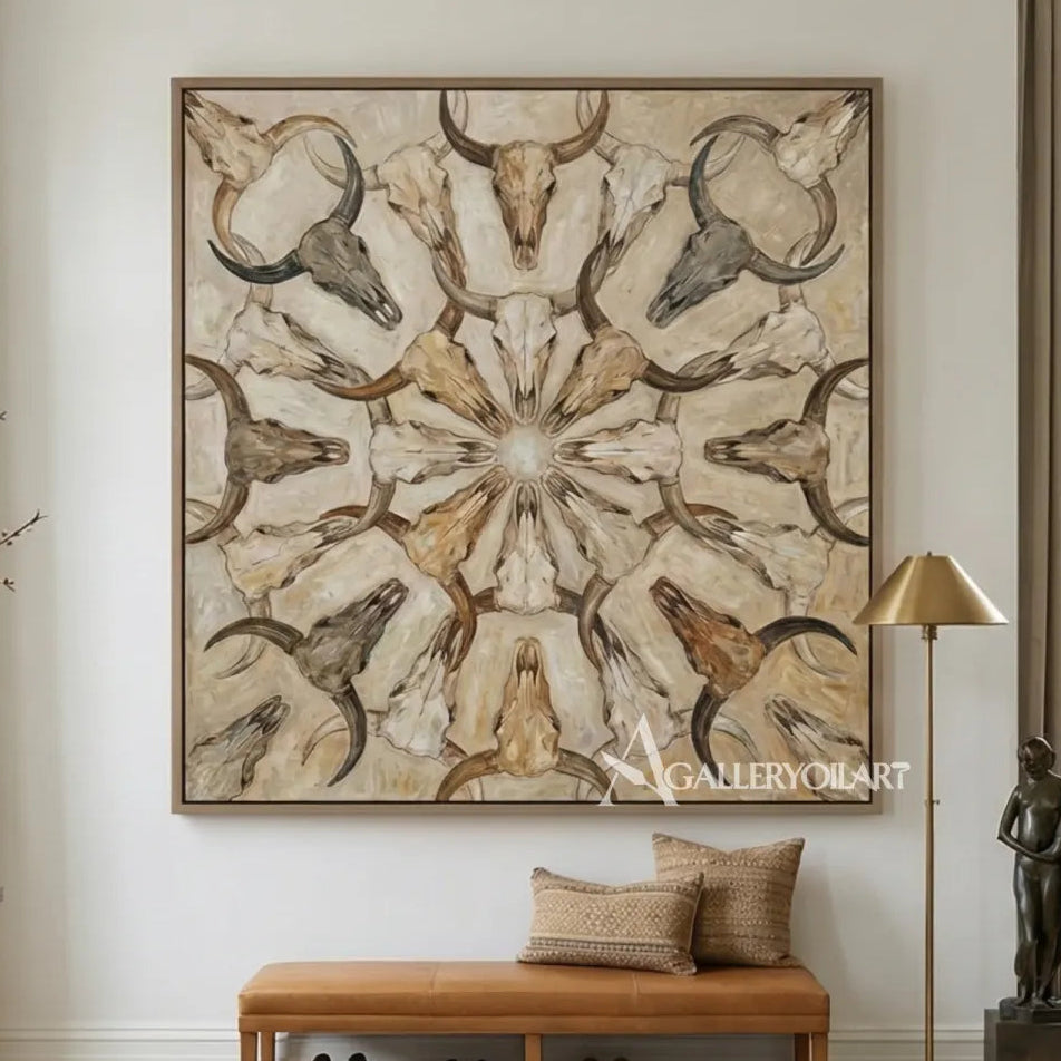 abstract-art-painting-of-symmetrical-horned-skulls-in-soft-beige-brown-and-gray-in-a-entryway