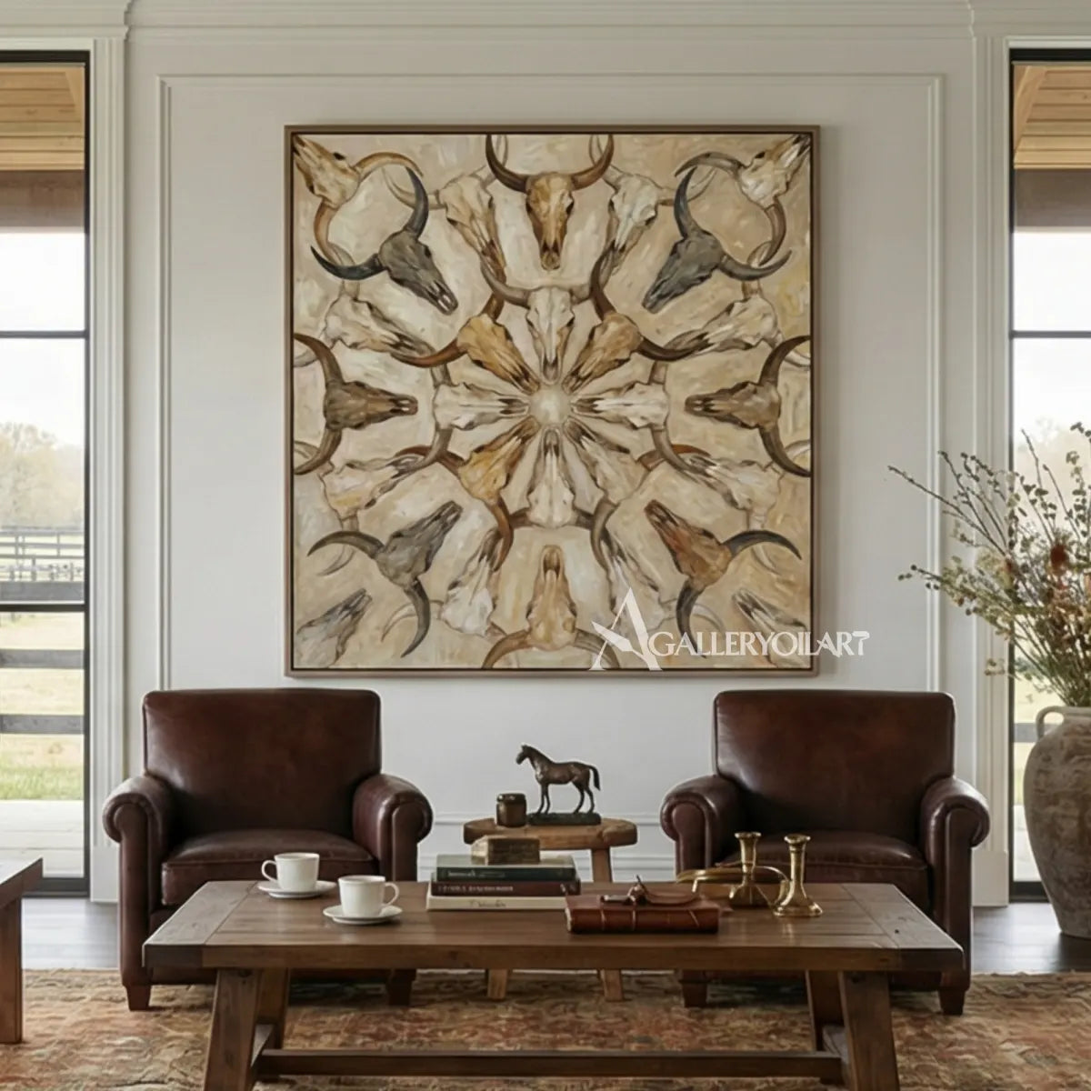 abstract-art-painting-of-symmetrical-horned-skulls-in-soft-beige-brown-and-gray-in-a-leather-lounge