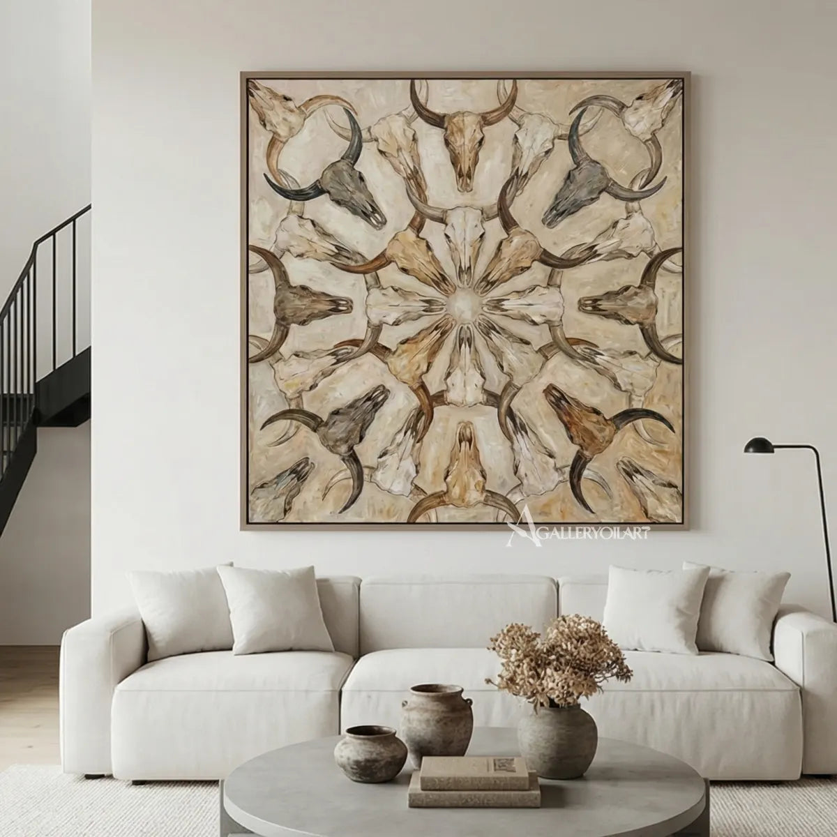 abstract-art-painting-of-symmetrical-horned-skulls-in-soft-beige-brown-and-gray-in-a-modern-living-room