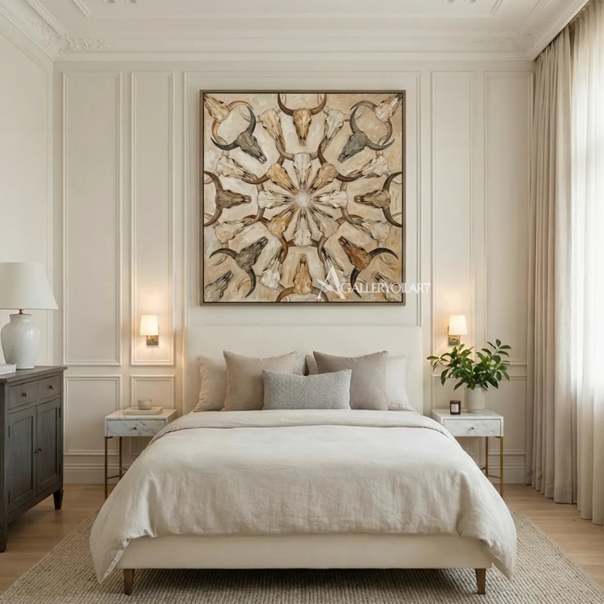 abstract-art-painting-of-symmetrical-horned-skulls-in-soft-beige-brown-and-gray-in-a-primary-bedroom