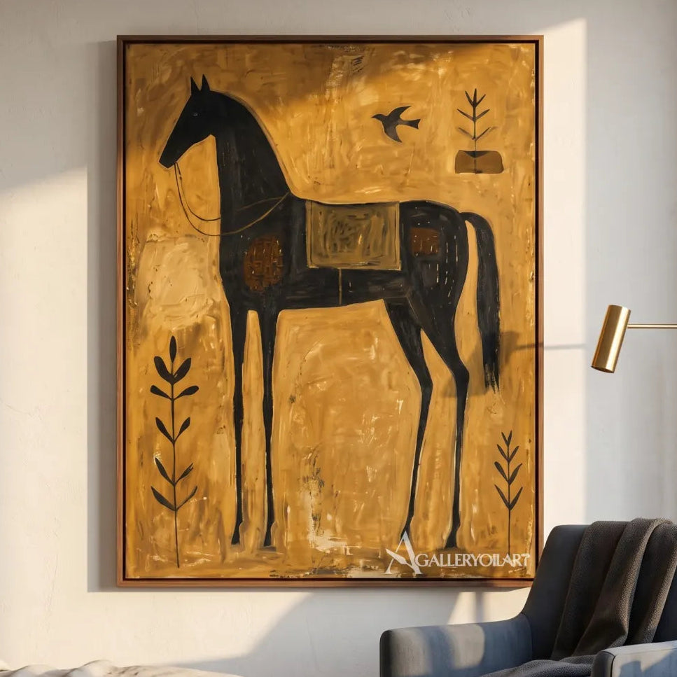 horse among quiet birds-animal-art-gold-wall-art-in-bedroom-reading-nook